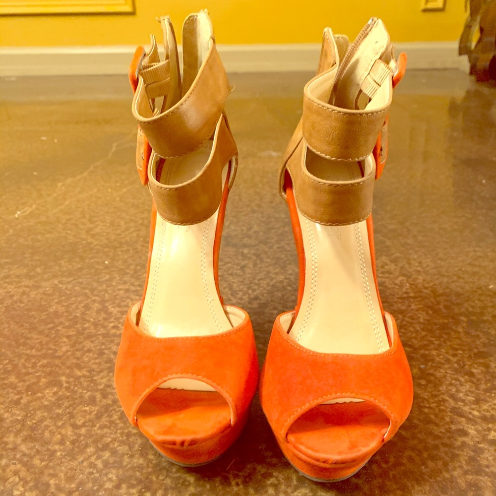 Liliana peep toe wedge heels orange